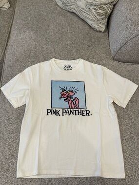 ZARA White Pink Panther Tee with Black Print